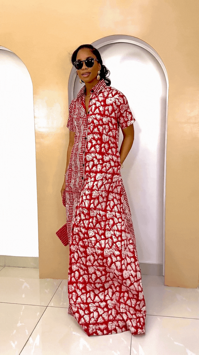 Odiegwu Adire Kaftan Dress Hand-Dyed Red & White Maxi Dress 2XL Odiegwu Adire Kaftan Dress Hand-Dyed Red & White Maxi Dress 2XL