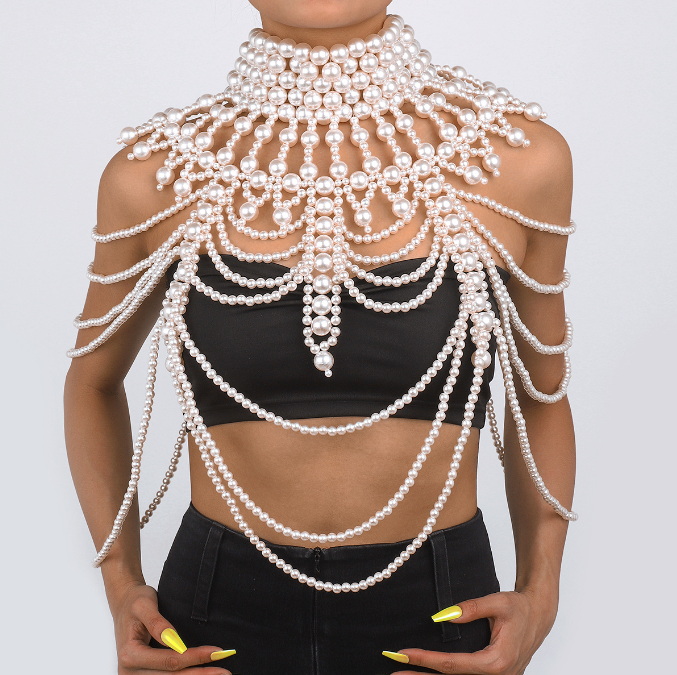 Heavy industry pearl shawl layered tribal wind hollow woven sexy body chain