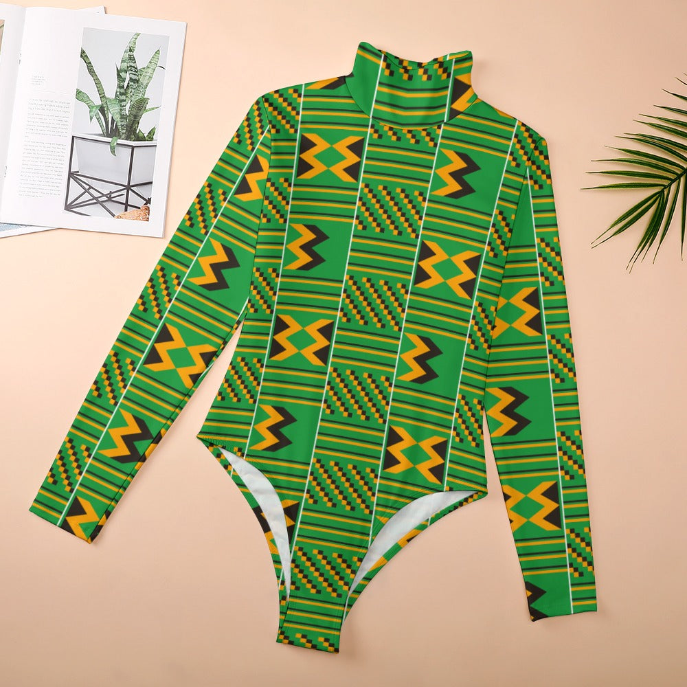 Green African Print Turtleneck Bodysuit
