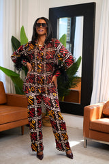 Okuko Ankara Silk Two-Piece Set with Feathered Sleeves
