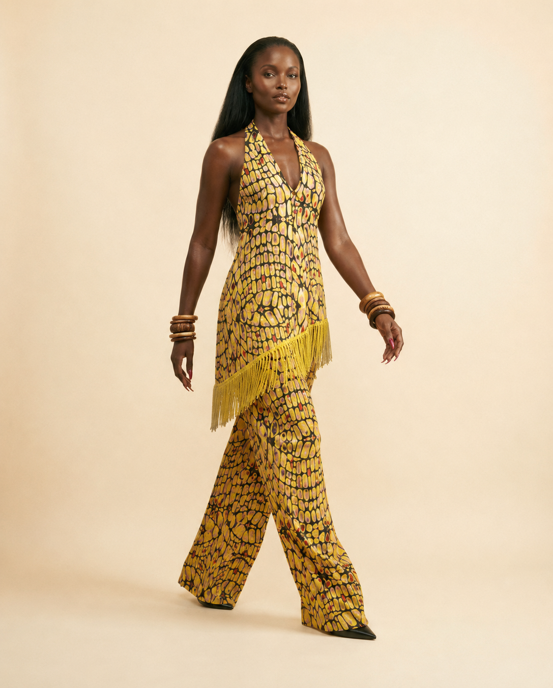 Ntutu Ankara Faux Silk Halter Set - Tassel Trim & Wide-Leg Pants
