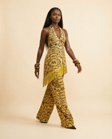 Ntutu Ankara Faux Silk Halter Set - Tassel Trim & Wide-Leg Pants