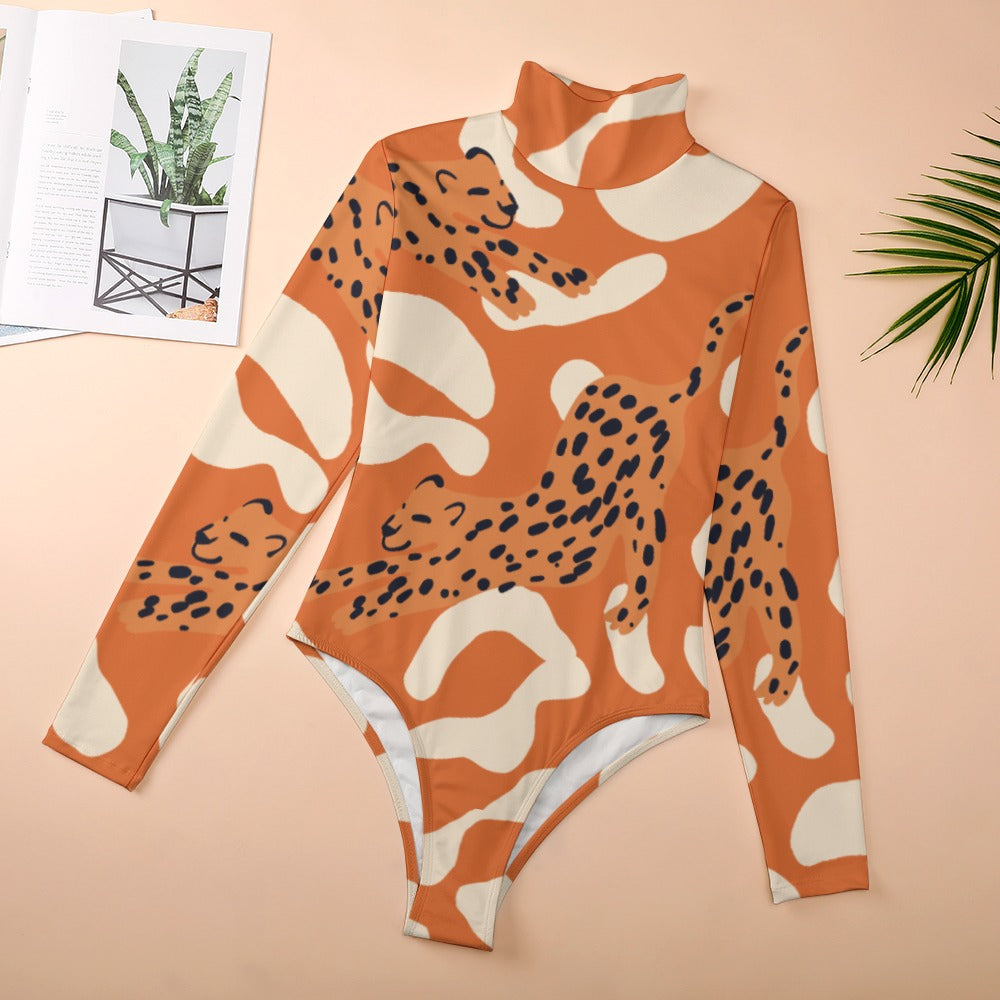 Orange Leopard Turtleneck Bodysuit