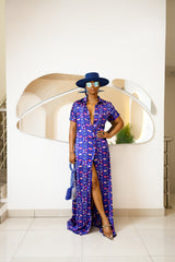 Sophisticated unlined kaftan dress made from traditional silk African Ankara fabric in vibrant multi-color patterns. Perfect for weddings, dinner parties, and formal events. Model height: 5'9".