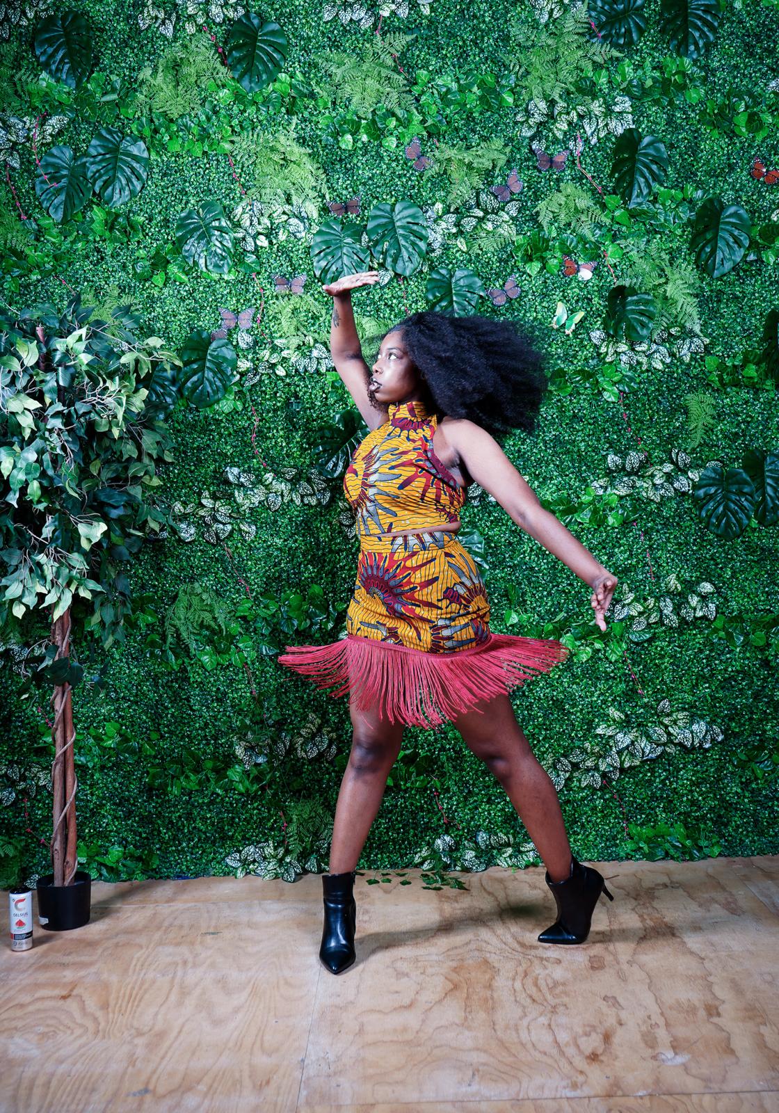 Aka customisable Ankara dancing outfit – two-piece set with crop top and fringed skirt. Hand-crafted in Africa.