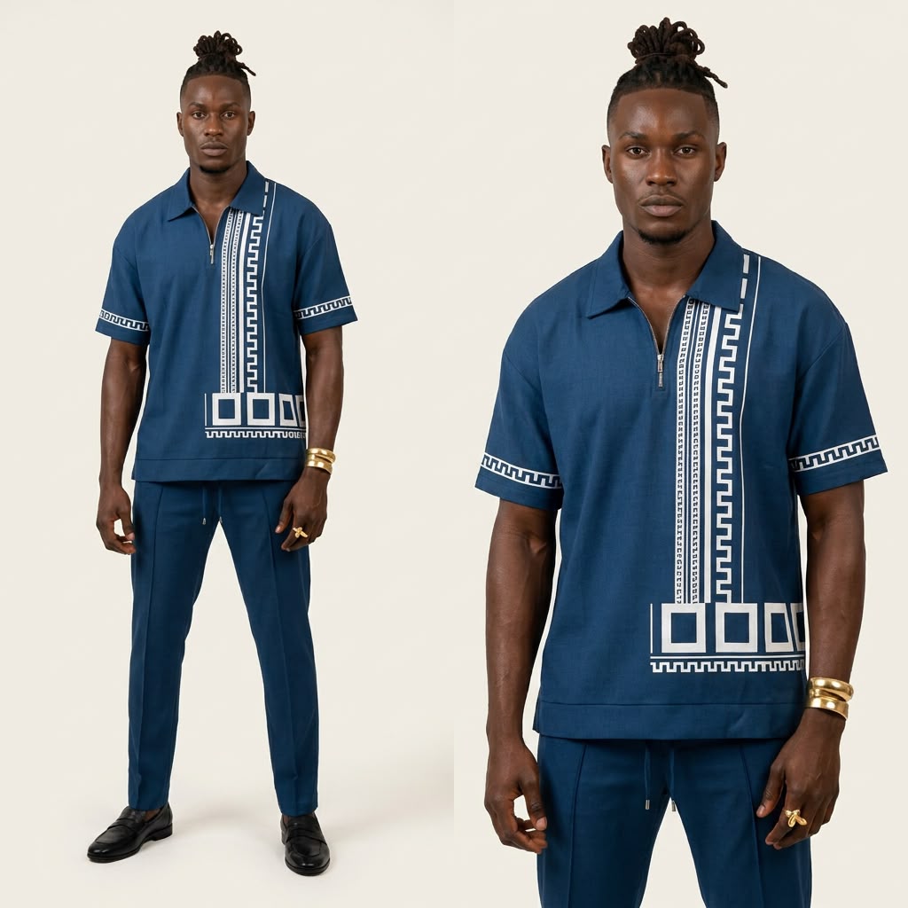 Anyaoku men's navy blue resort two-piece set featuring a short-sleeve half-zip collared shirt with white Greek key geometric detailing and matching tailored straight-leg drawstring pants.