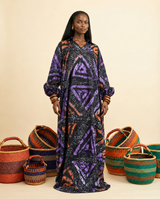 Akacham Adire V-Neck Shirt Dress - Lantern Sleeve Midi