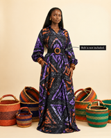 Akacham Adire V-Neck Shirt Dress - Lantern Sleeve Midi