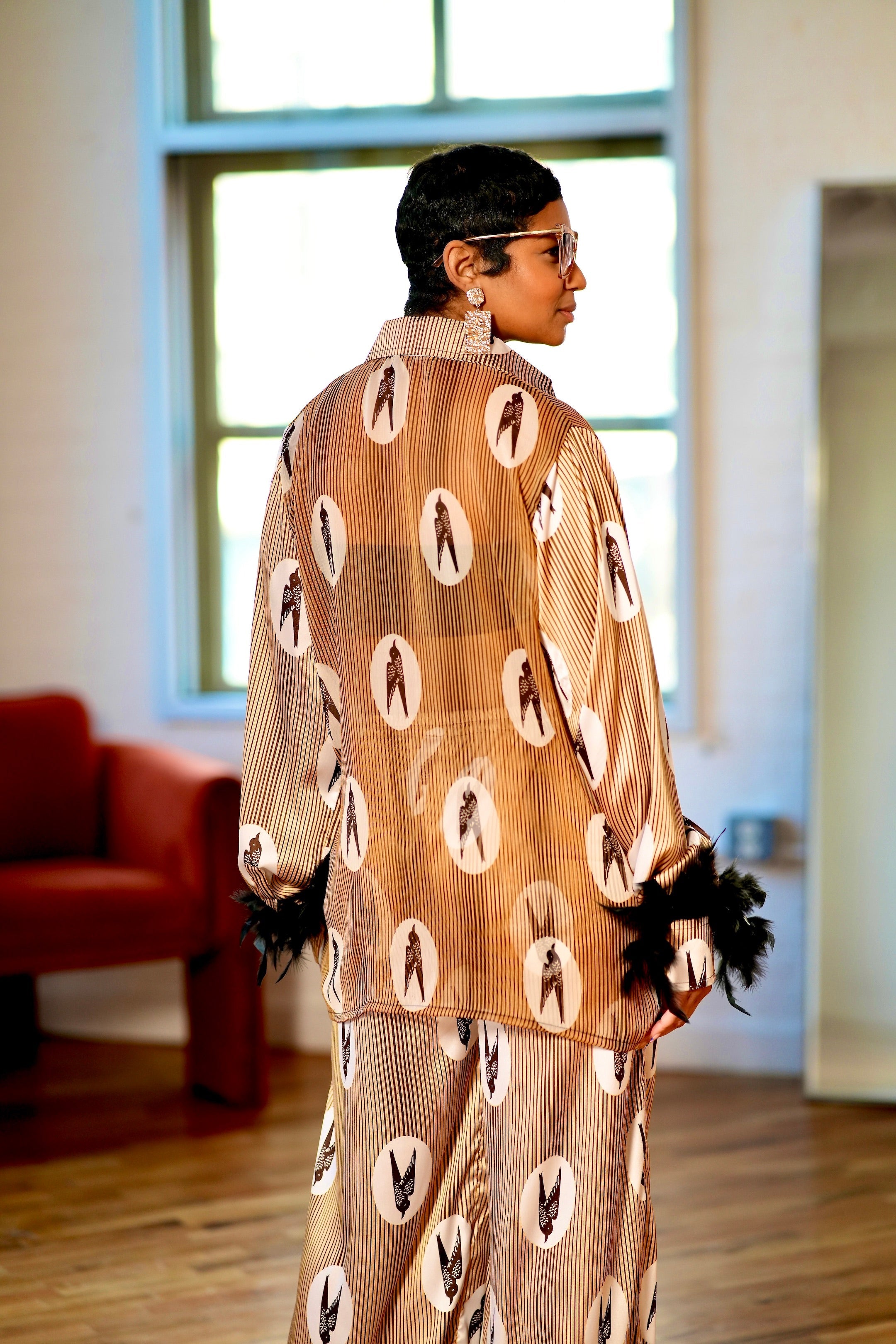 Odo Ankara Silk Two-Piece Set with Feathered Sleeves