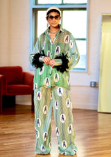 Ikuku Mint Ankara Silk Two-Piece Set with Feathered Sleeves