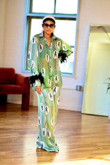 Ikuku Mint Ankara Silk Two-Piece Set with Feathered Sleeves
