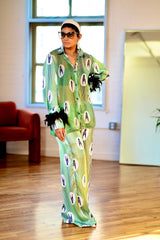 Ikuku Mint Ankara Silk Two-Piece Set with Feathered Sleeves