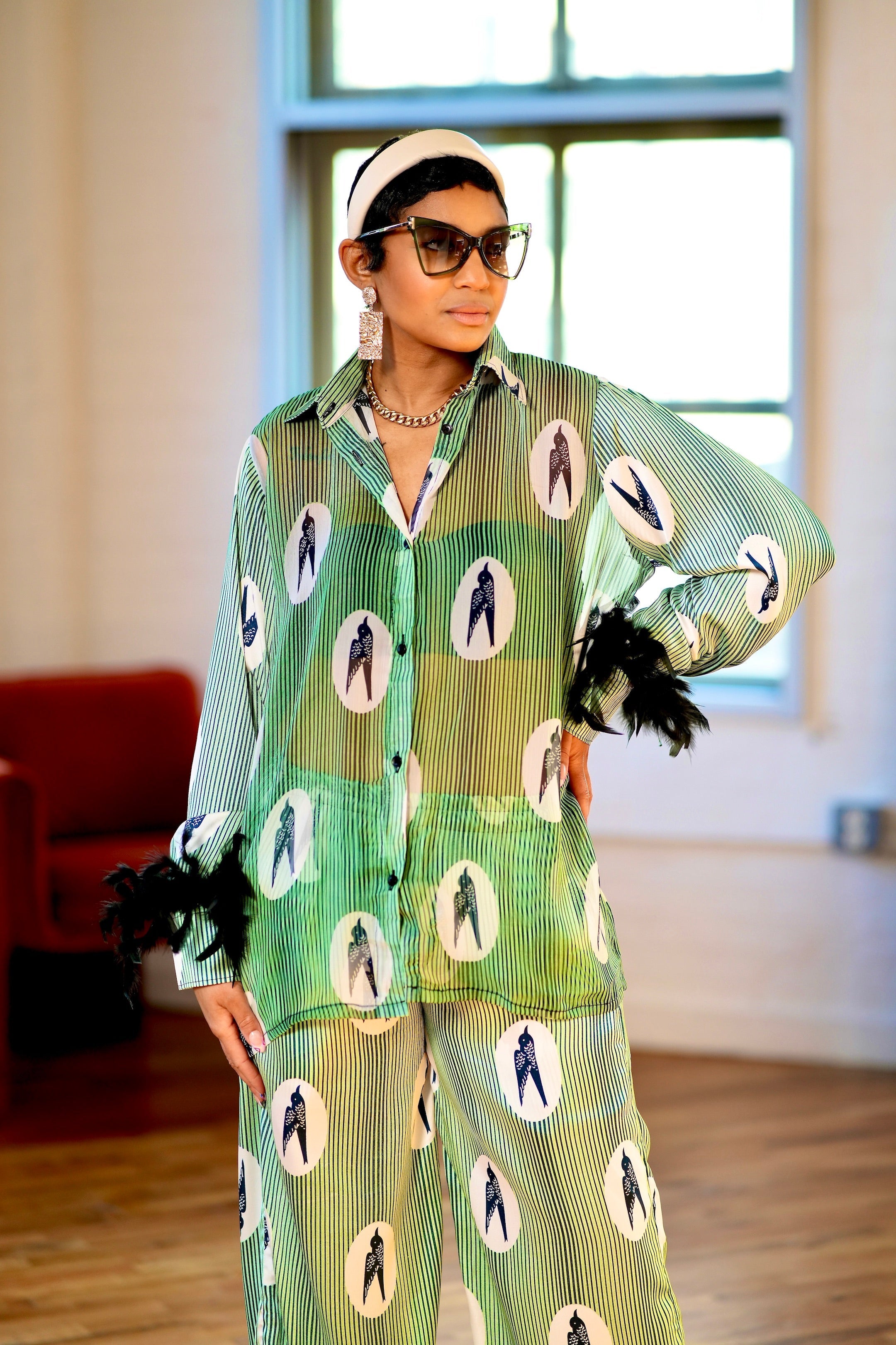 Ikuku Mint Ankara Silk Two-Piece Set with Feathered Sleeves