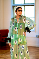 Ikuku Mint Ankara Silk Two-Piece Set with Feathered Sleeves