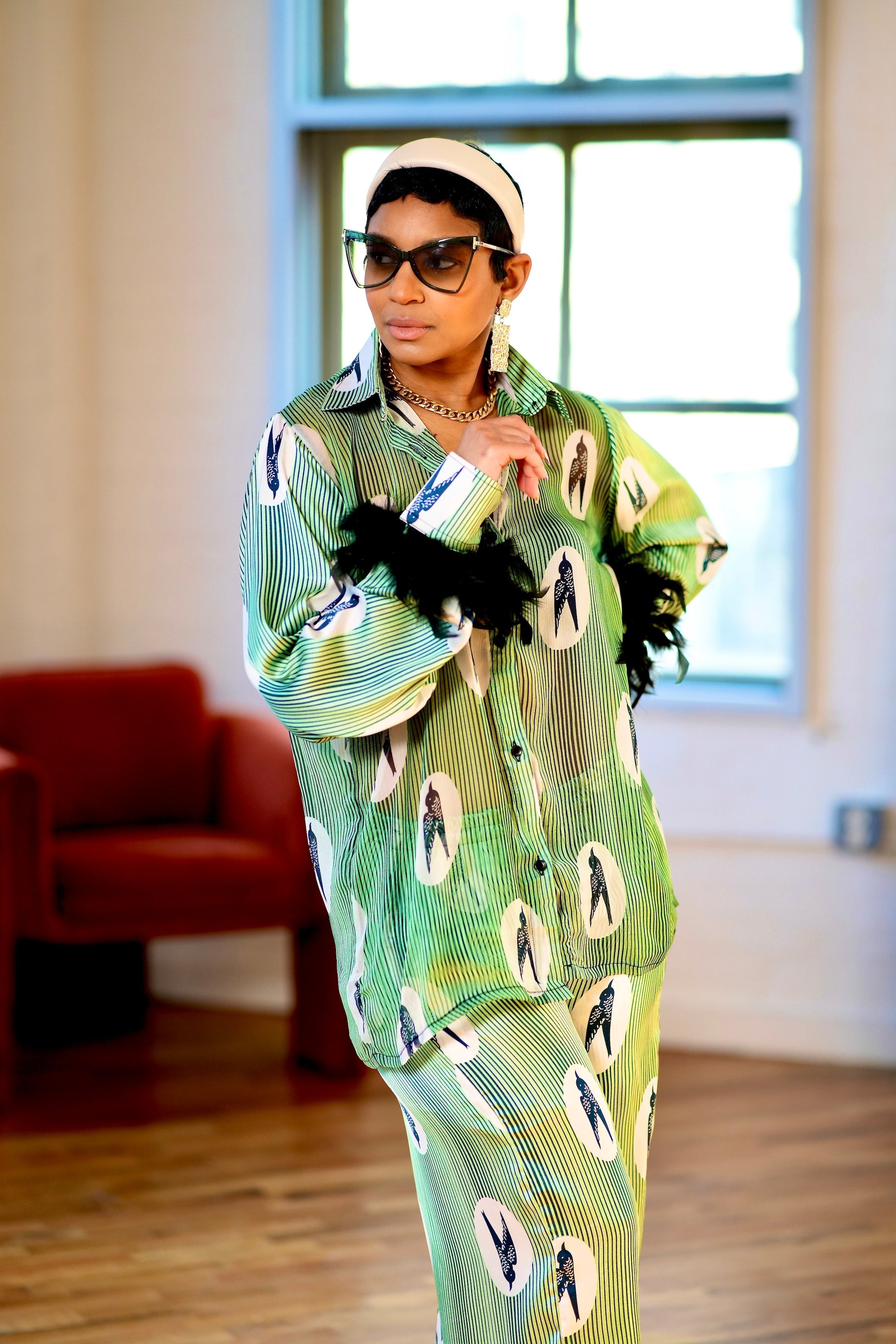 Ikuku Mint Ankara Silk Two-Piece Set with Feathered Sleeves