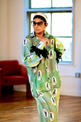 Ikuku Mint Ankara Silk Two-Piece Set with Feathered Sleeves