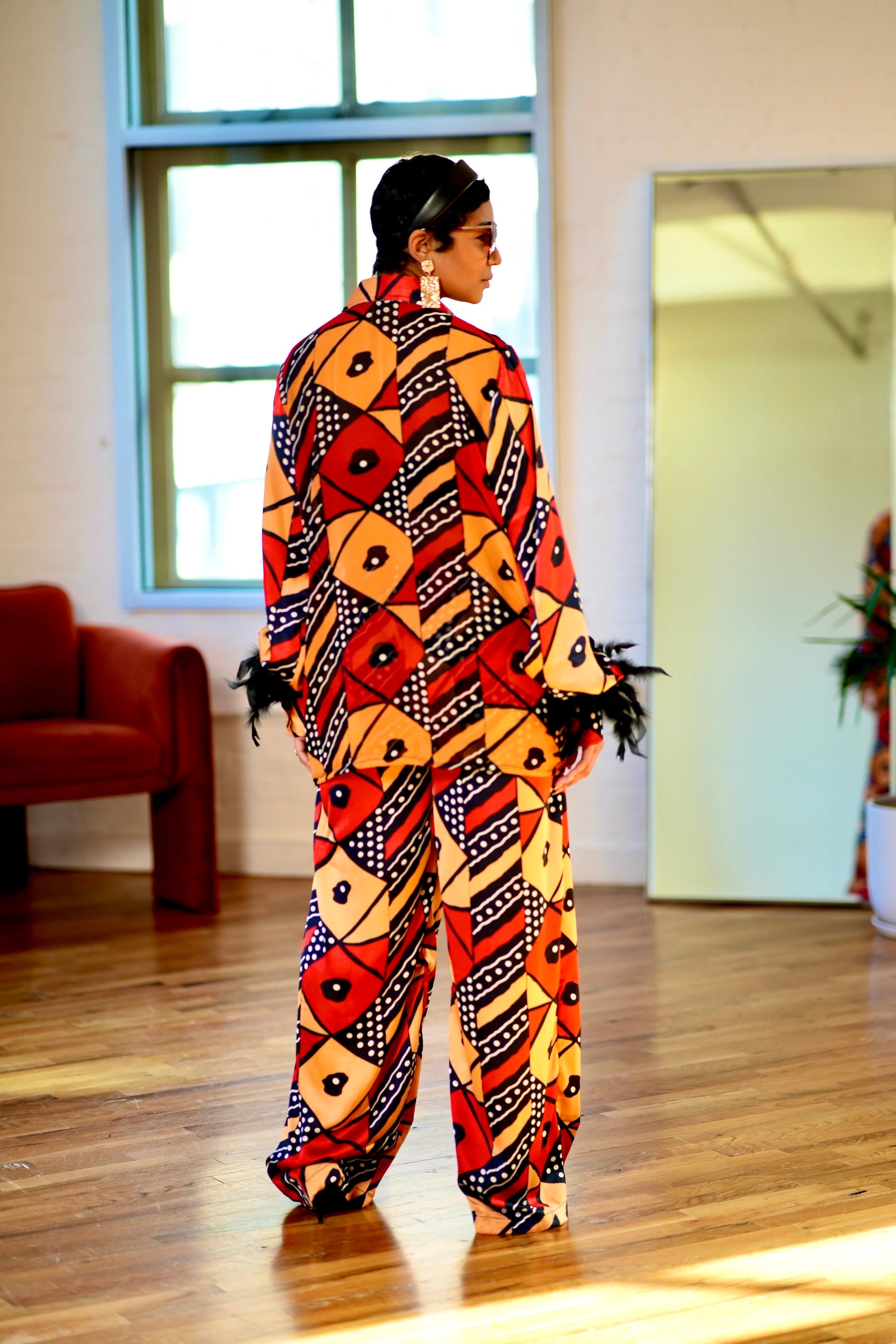 Anya Ankara Silk Top and Bottom Set with Feather Details