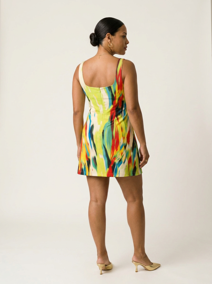 Efere Multicoloured Crepe Mini Shift Dress | Sleeveless Square Neck Dress