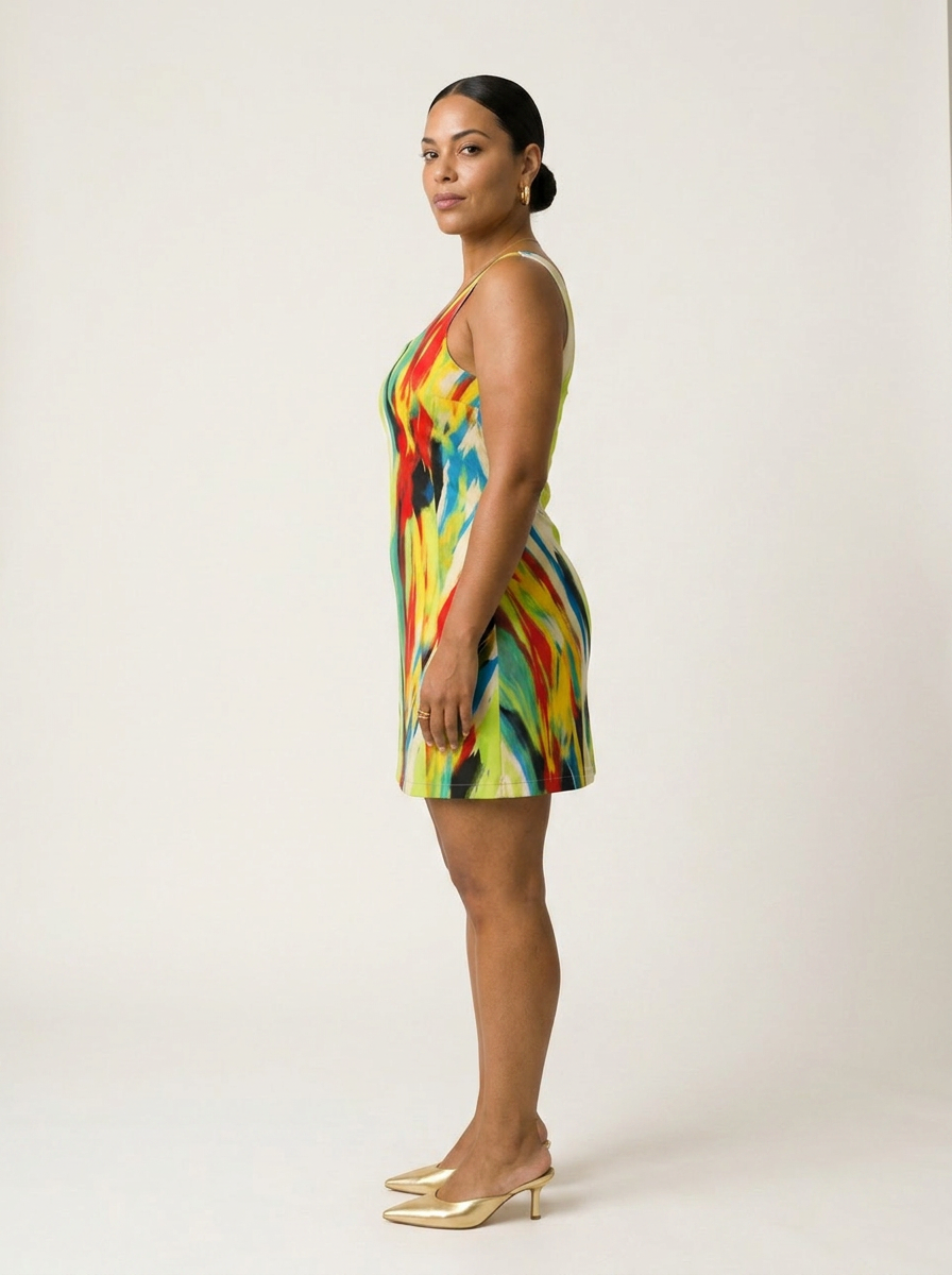 Efere Multicoloured Crepe Mini Shift Dress | Sleeveless Square Neck Dress