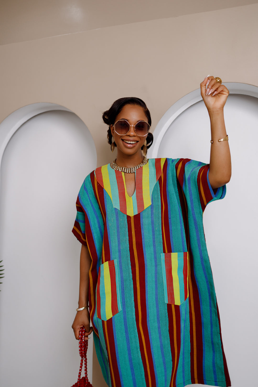 colorful striped midi dress Ejeuwa Aso Oke Midi Dress – Handmade African Striped Dress S