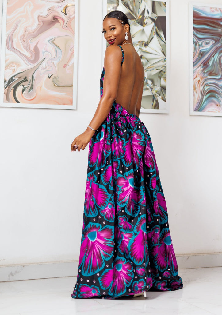 backless ankara dress Fundua Maxi in Purple and Red African Print 3XL a traditional African textile Color_GRAY Cowl Neck Backless Knit Color:INI