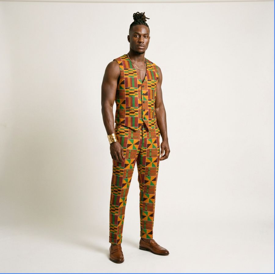 Igbandu men's Kente Ankara two-piece outfit featuring a tailored sleeveless V-neck waistcoat with button-front closure and matching tapered slim-fit pants.