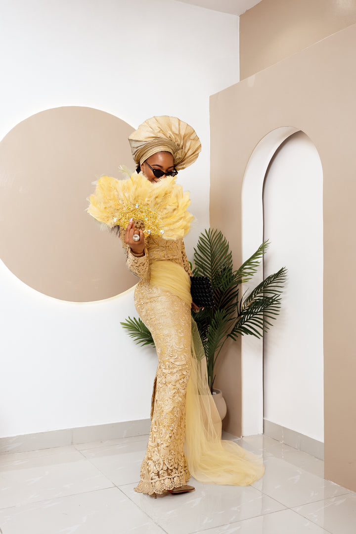 Igbankwu Custom Lace African Wedding Dress | Gele & Fan Optional