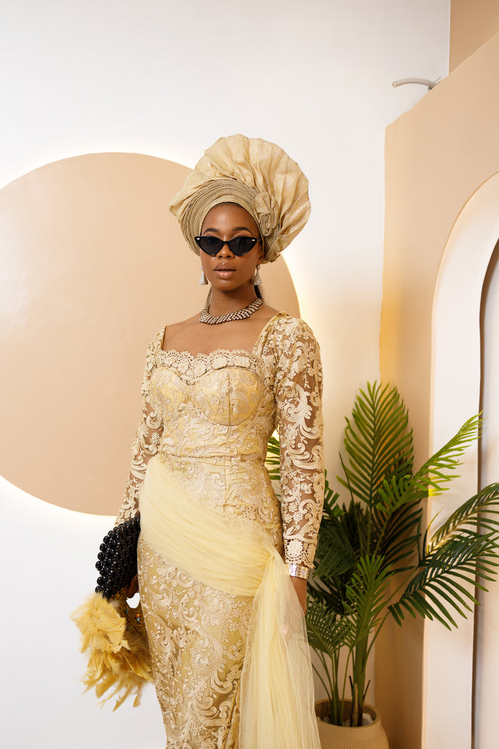 Igbankwu Custom Lace African Wedding Dress | Gele & Fan Optional | Obioma Fashion Xs / Female