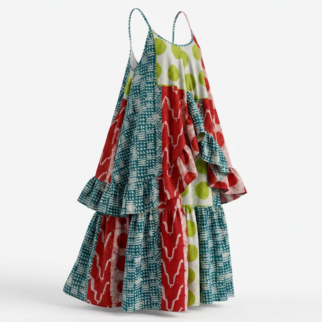 Imi Adire Mixed-Print Midi Dress - Voluminous & Elegant