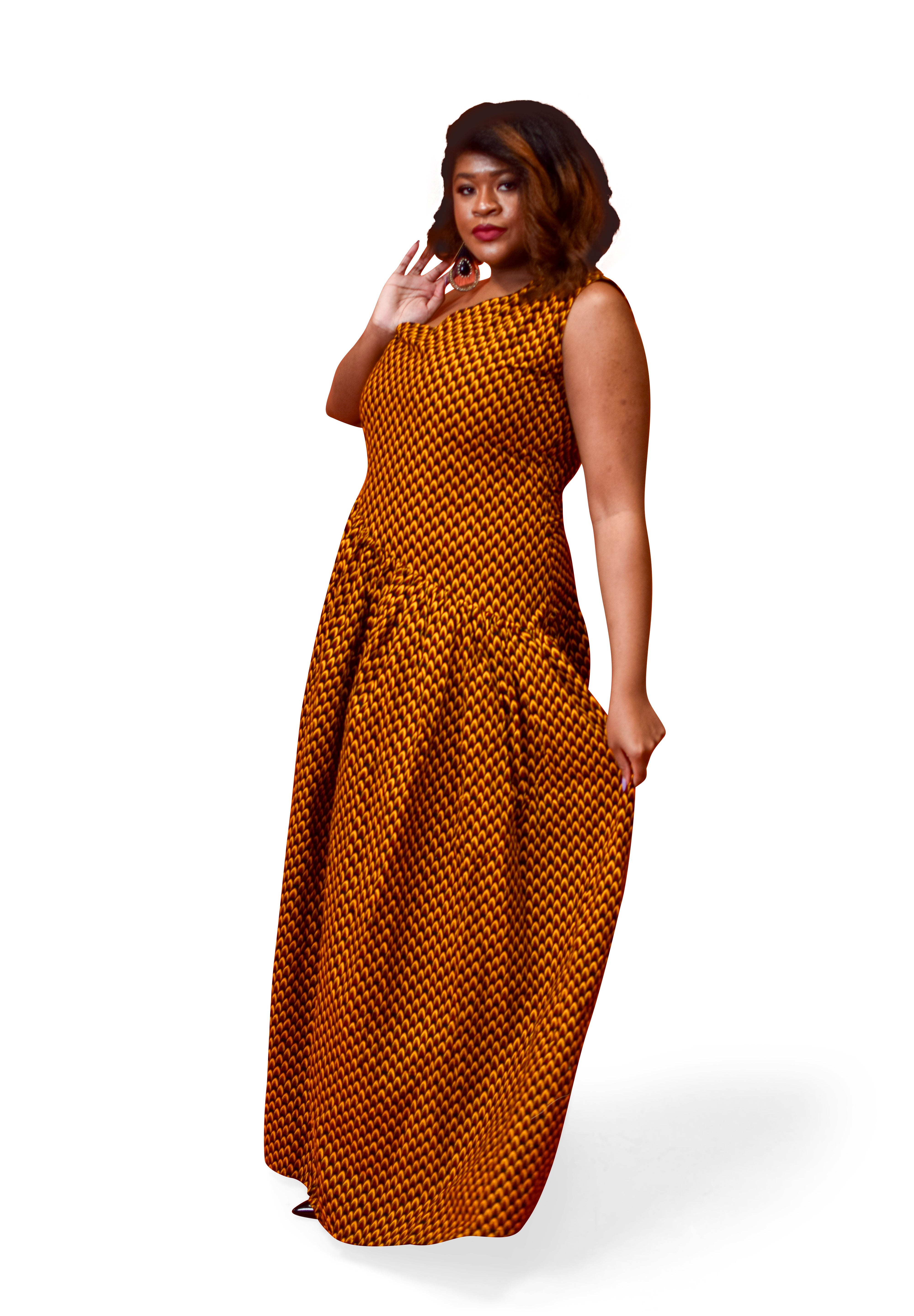 Model wearing Iriji sleeveless Ankara maxi dress handcrafted in Africa
