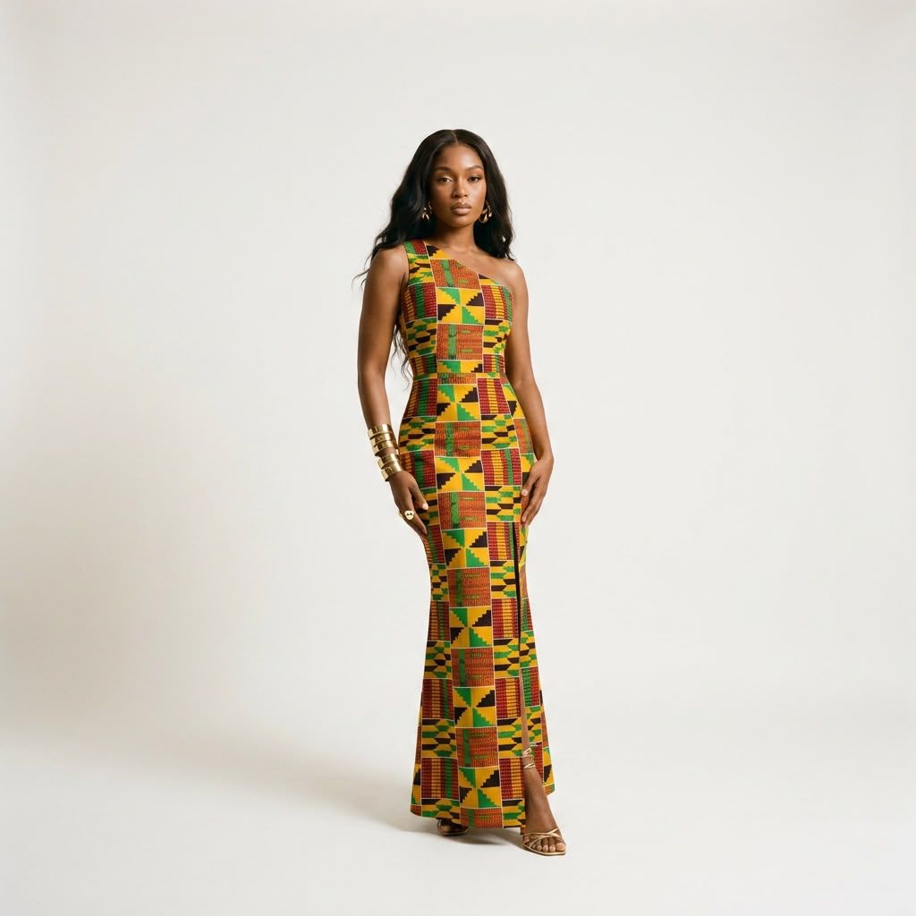 Mgba Kente Ankara One-Shoulder Maxi Dress