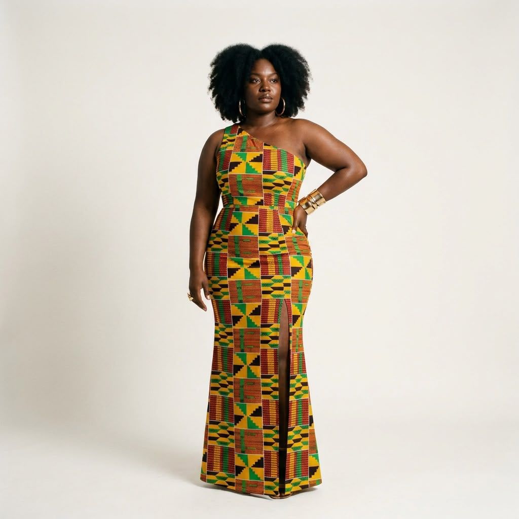 Mgba Kente Ankara one-shoulder floor-length column dress featuring a fitted waist, figure-hugging silhouette, thigh-high side slit, and vibrant yellow, green, red, and black geometric print.