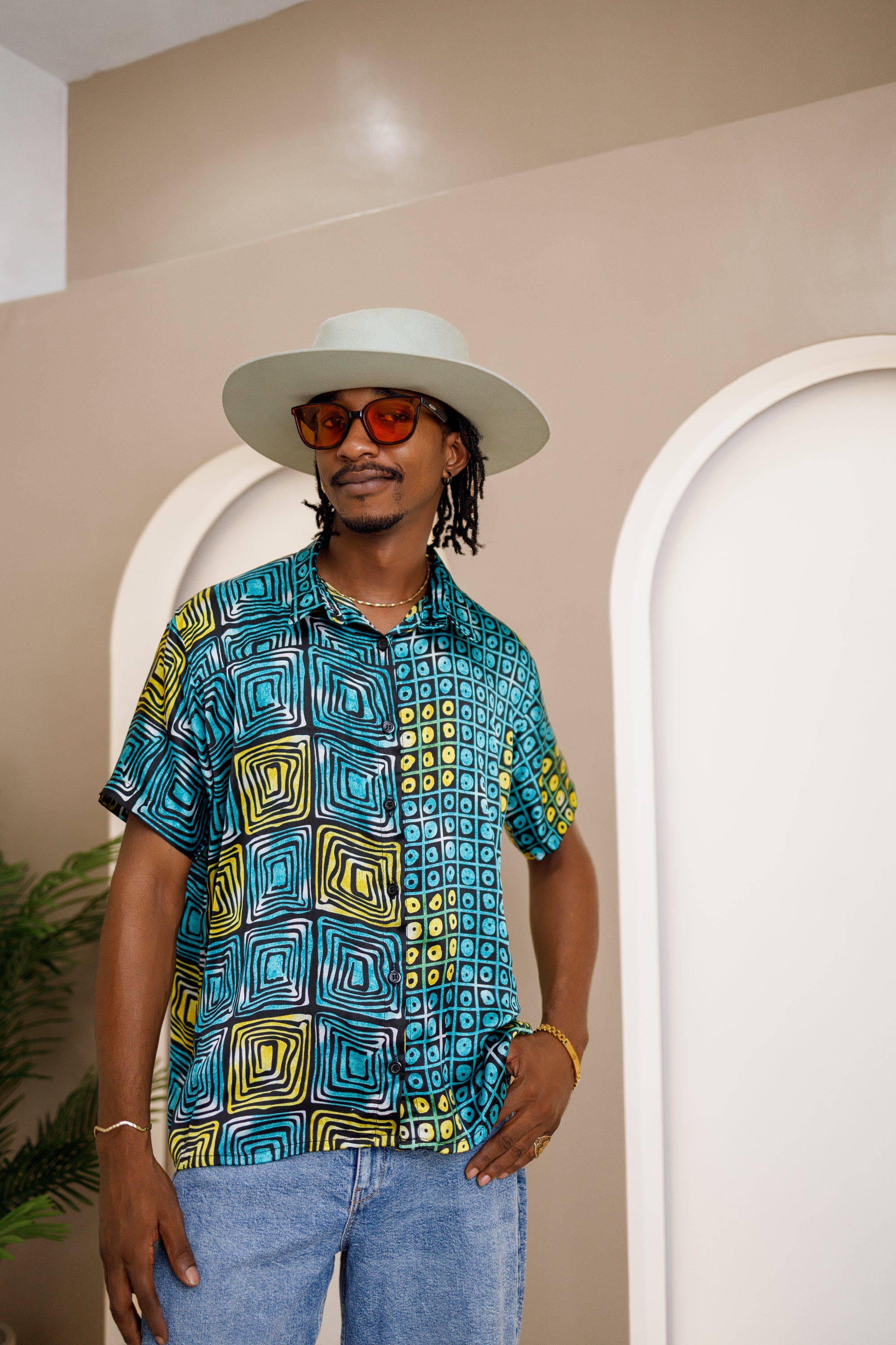 Mkpume Short-Sleeve Button-Up Shirt – African Ankara Silk Elegance