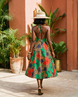 Umueze Ankara Halter Midi Dress | Open-Back Fit-and-Flare with Pockets
