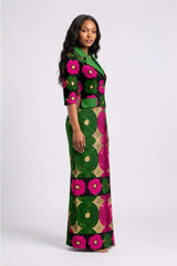 Nkowaaha Tailored Ankara Long Jacket | Green Contrast Lapel Statement Jacket
