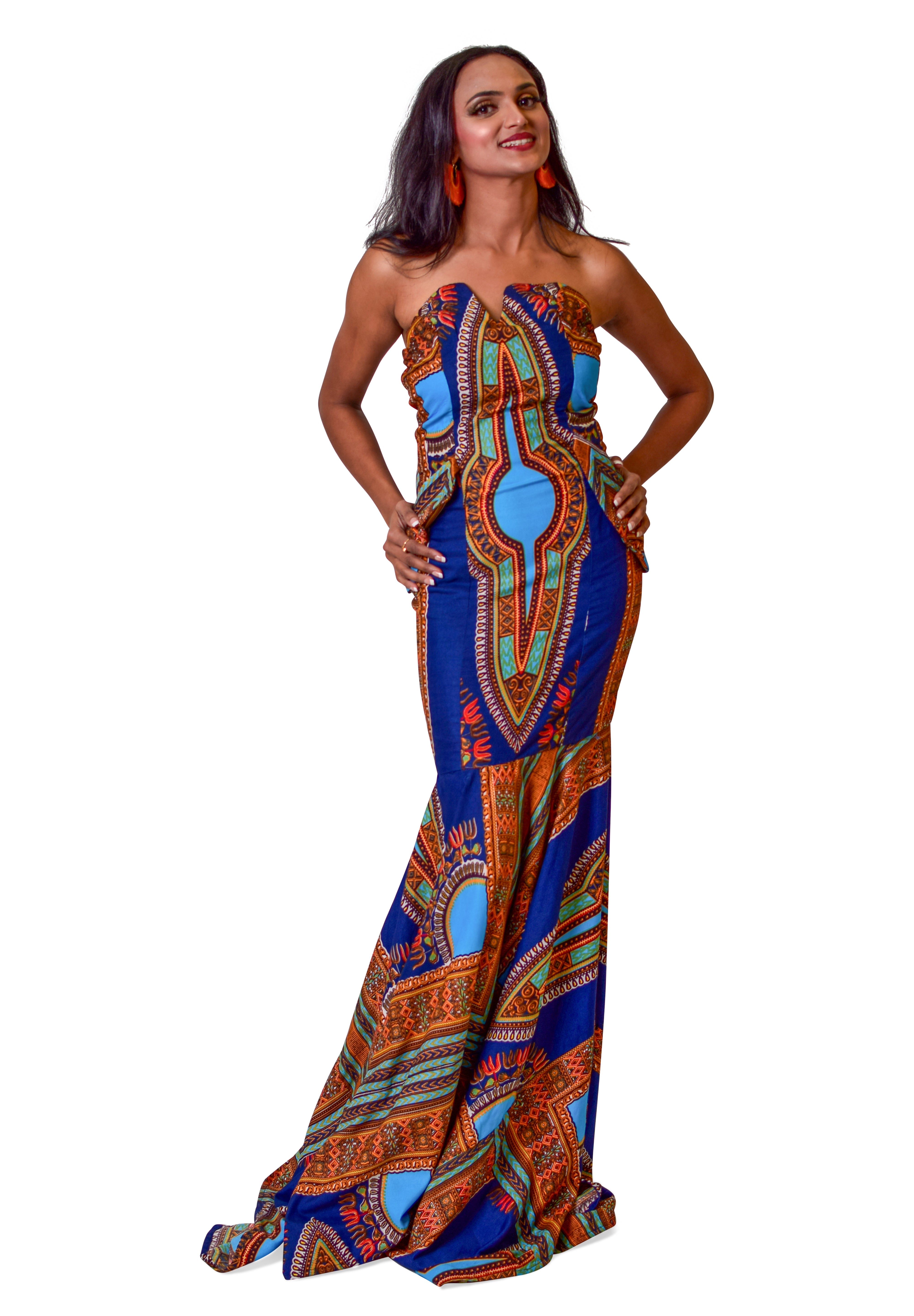 Model wearing Nnwekorita strapless Ankara maxi dress with vibrant blue and multicolor African print