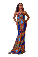 Model wearing Nnwekorita strapless Ankara maxi dress with vibrant blue and multicolor African print