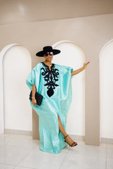 Nsala Elegant Aqua Blue Duchess Satin Bubu with Black Embroidery