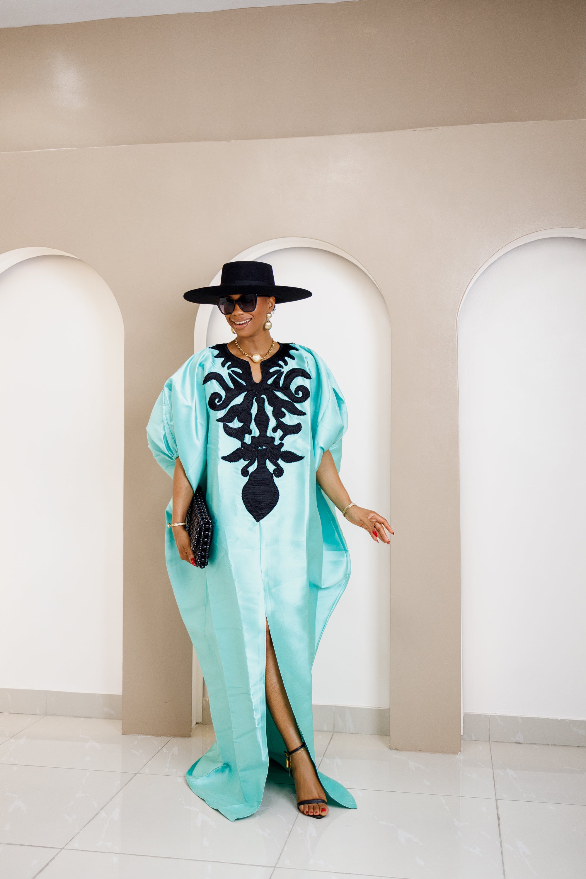 Nsala Elegant Aqua Blue Duchess Satin Bubu with Black Embroidery