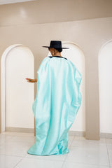 Nsala Elegant Aqua Blue Duchess Satin Bubu with Black Embroidery