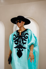 Nsala Elegant Aqua Blue Duchess Satin Bubu with Black Embroidery