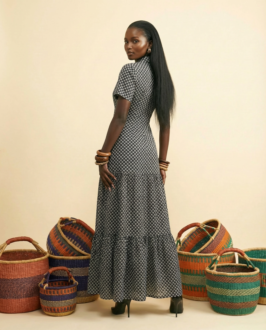Oja Boho Ankara Maxi Dress: Collared, Button-Front Elegance XL