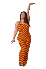 Woman wearing the Oba Ankara halter peplum top and matching wide-leg pants set