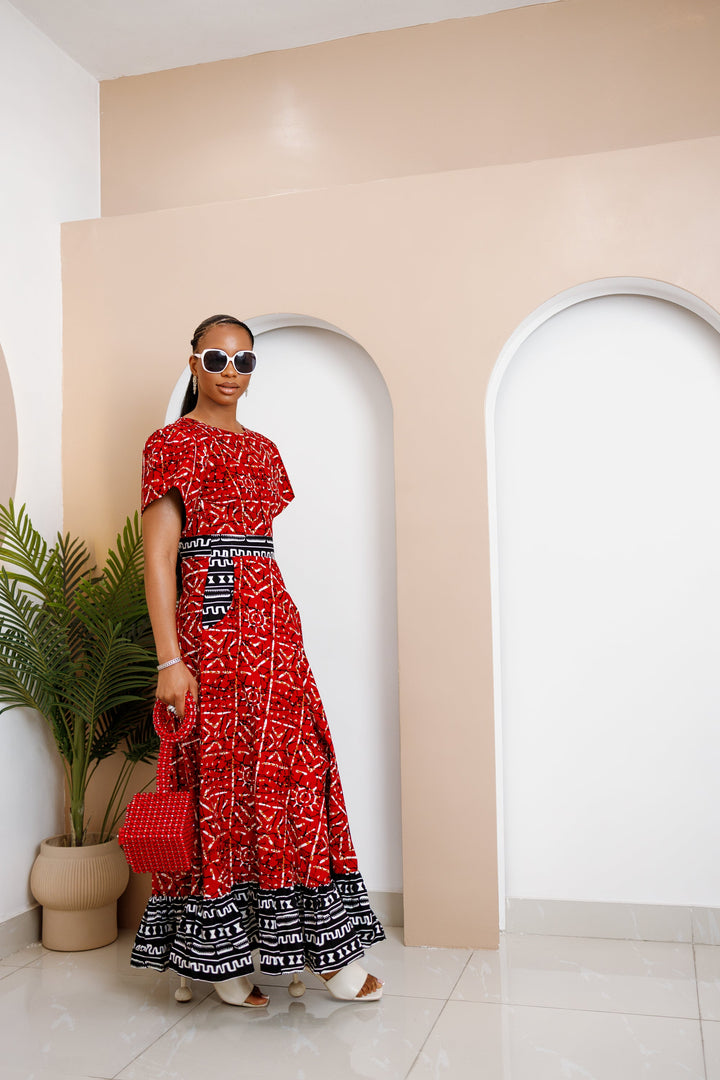 red and white african print dress Red & White Geometric African Print Maxi Dress: Embroidered Neckline