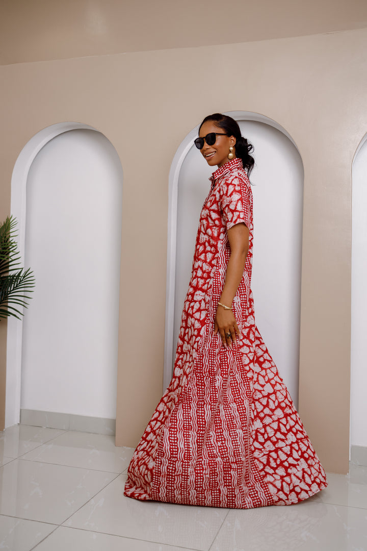 Odiegwu Adire Kaftan Dress – Hand-Dyed Red & White Maxi Dress 4XL