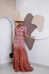 Model wearing handmade red Adire crepe Ogbaluofu Kaftan Maxi Dress, African-inspired fashion