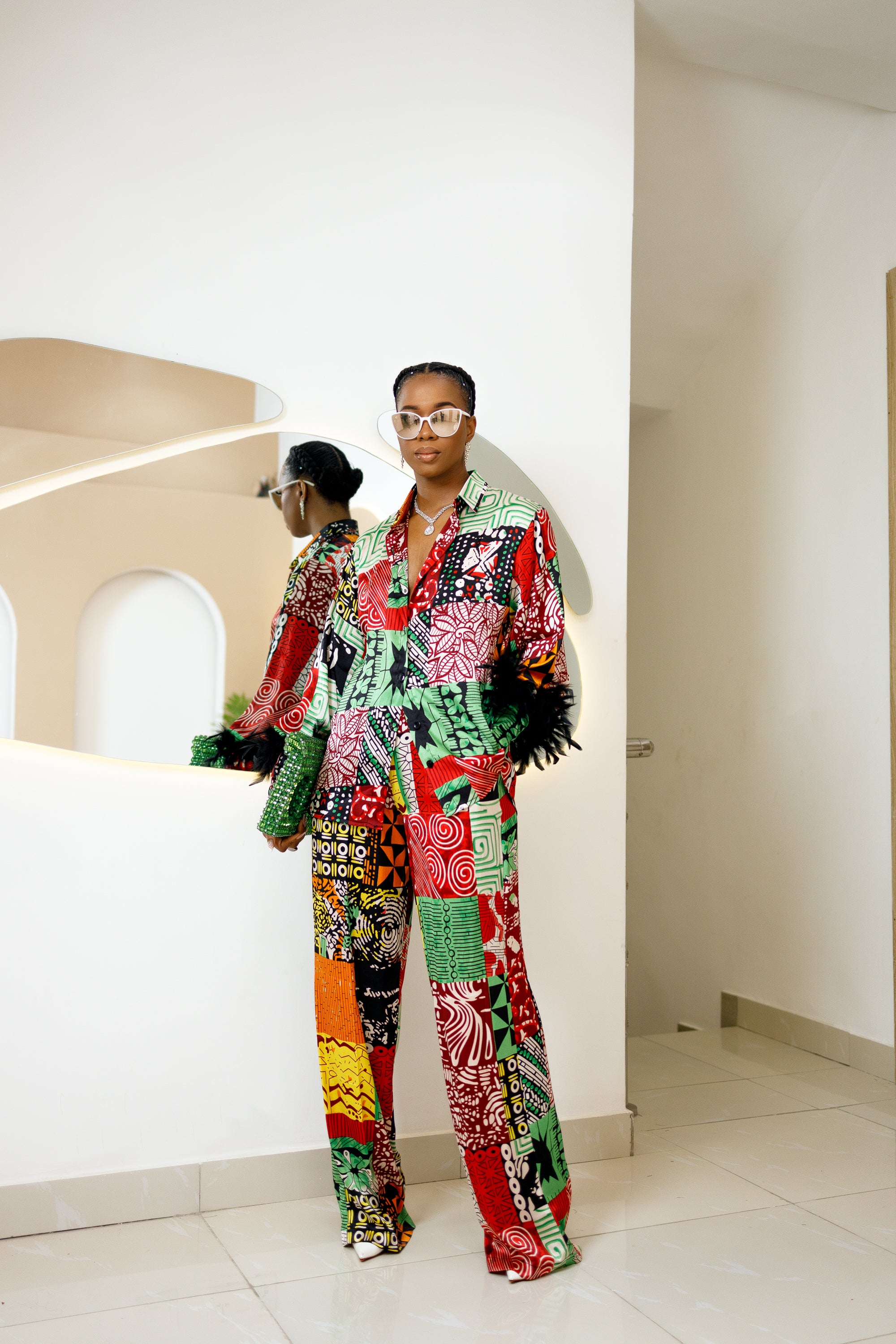 Ogongoko Ankara Silk Two-Piece Set with Feathered Sleeves