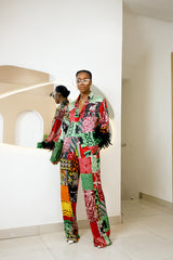 Ogongoko Ankara Silk Two-Piece Set with Feathered Sleeves