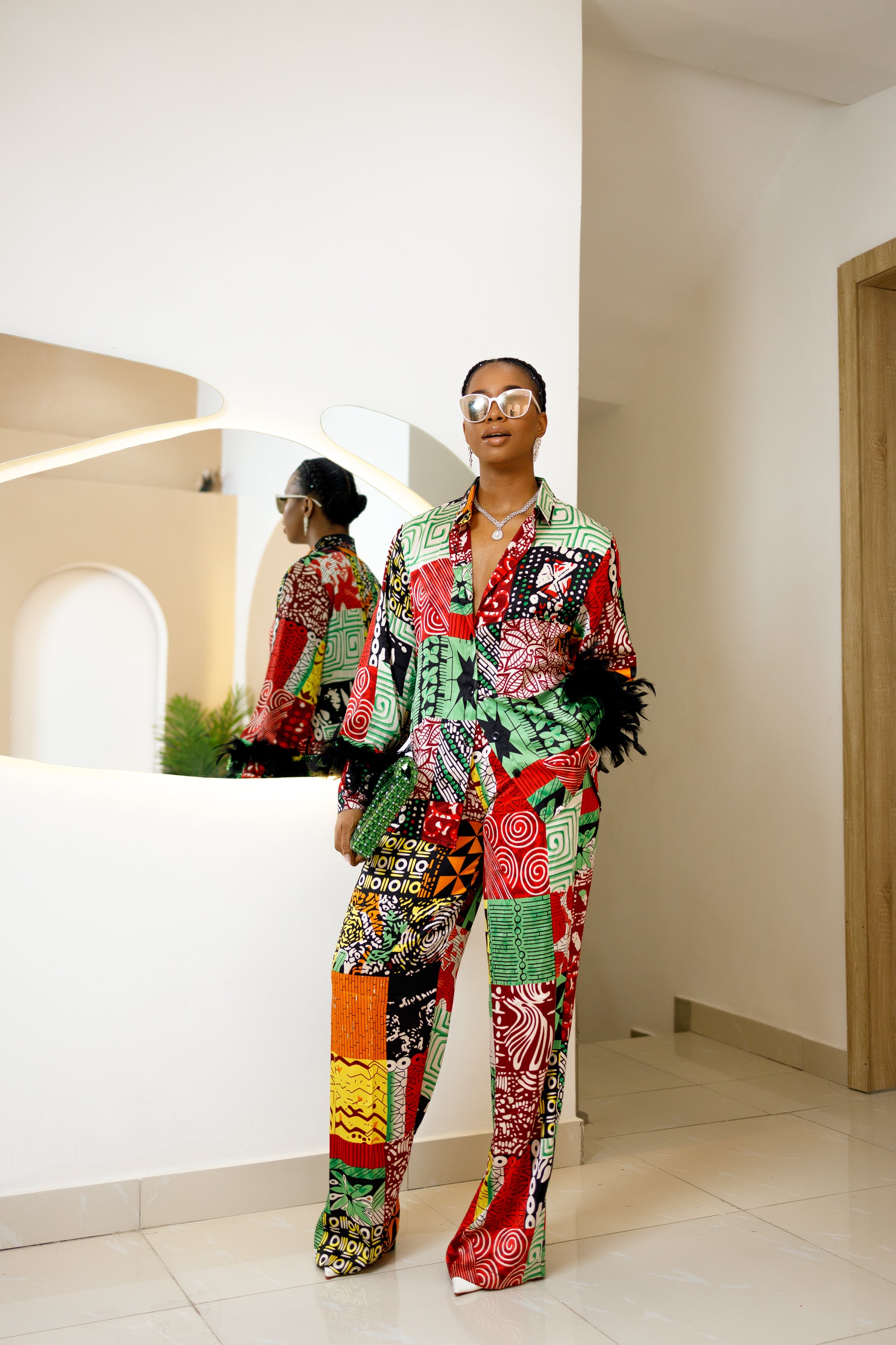 Ogongoko Ankara Silk Two-Piece Set with Feathered Sleeves