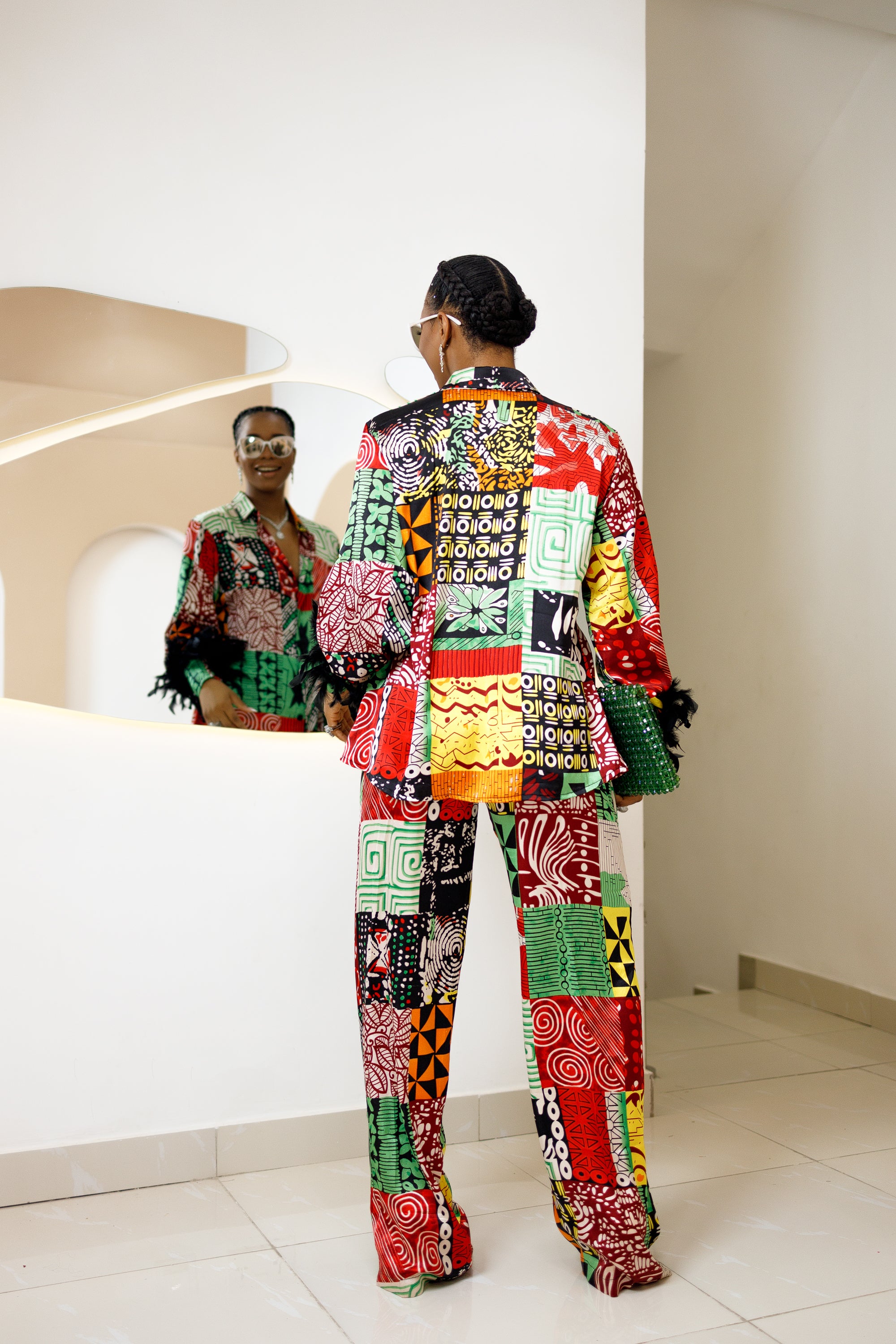 Ogongoko Ankara Silk Two-Piece Set with Feathered Sleeves